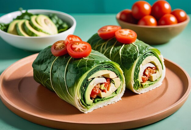 Photo raw food diet with fresh vegan rolls