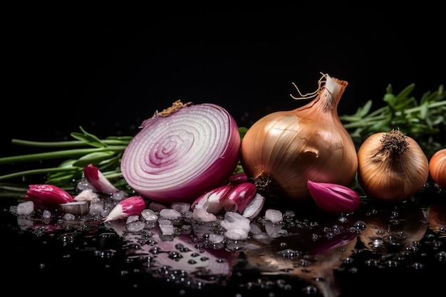 Raw foodstuff with water drops in studio