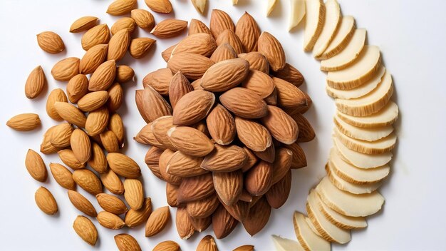 Raw fresh almonds with shell without shelll almond slices top view