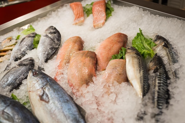 Raw Fresh Fish Chilling on Bed of Cold Ice in Seafood Market Stall