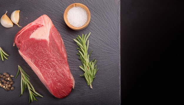 Photo raw fresh juicy beef tbone steak with salt spices and herbs on a dark concrete background