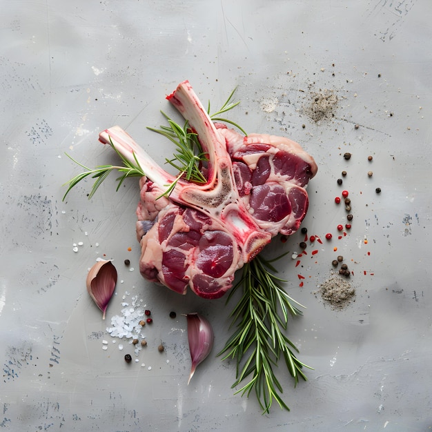 Photo raw fresh lamb meat shank and seasonings on gray concrete background