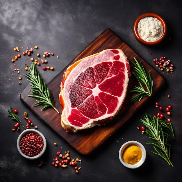 raw fresh meat ribeye steak and seasonings on dark background top view with copy space