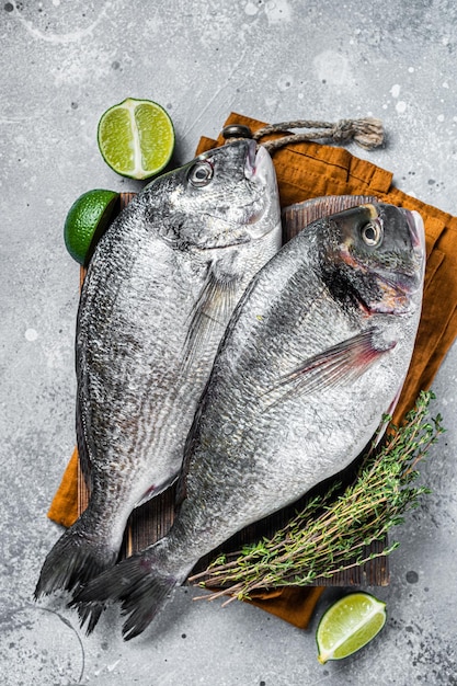 Raw fresh organic dorado or sea bream fish on wooden board with herbs and lime Gray background Top view