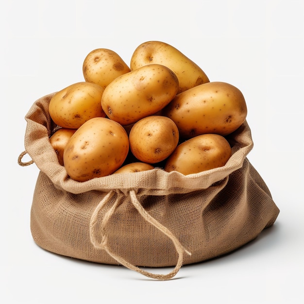 raw fresh potatoes in burlap bag isolated