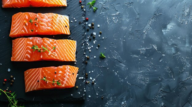 Raw fresh salmon fish on black background View from above top studio shot