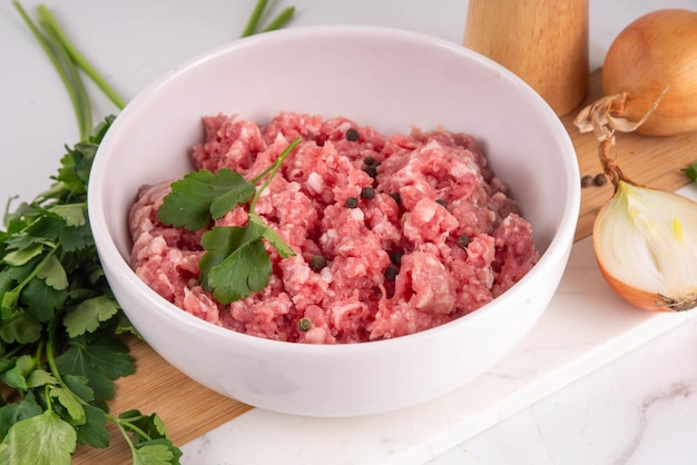 Raw fresh uncooked minced pork beef lamb meat