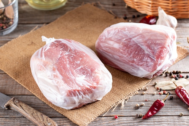 Raw frozen meat. Raw pork chops - selective focus