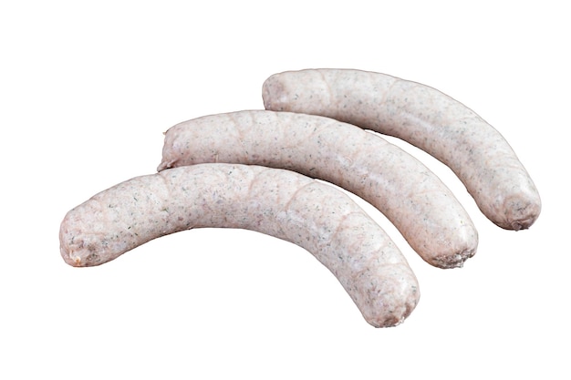 Raw German white sausage weisswurst on kitchen table Isolated on white background