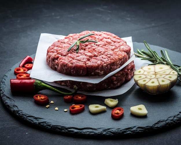 Raw ground beef meat burger steak cutlet with chili rosemary and garlic on black slate plate for coo