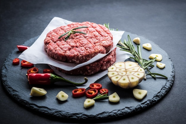 Raw ground beef meat burger steak cutlet with chili rosemary and garlic on black slate plate