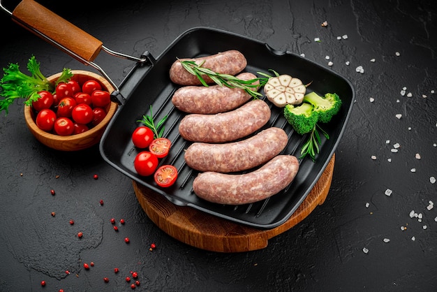 Raw homemade sausages with vegetables on a grill pan