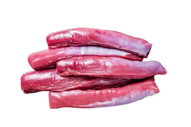 Raw lamb tenderloin meat on butcher table Isolated on white background