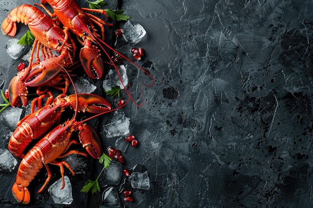 Raw Lobsters on Ice Artistically Placed on Black Stone Tabletop