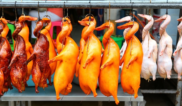 raw material of Roast Duck hanging, chinese food.