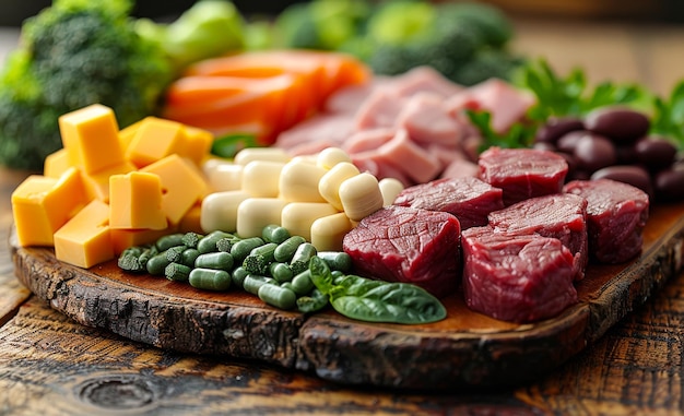 Raw meat cheese and vegetables on wooden cutting board