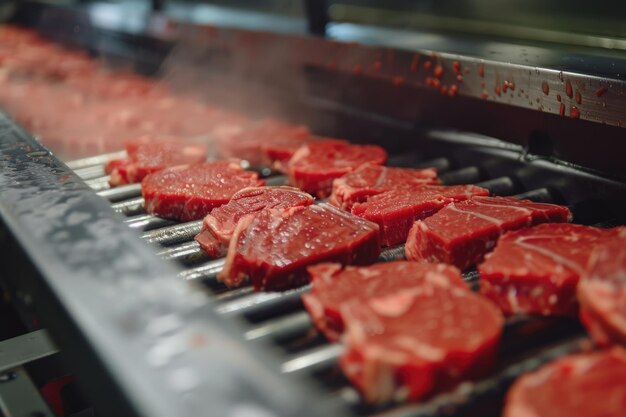 Raw meat cuts on a conveyor belt industrial machinery slices