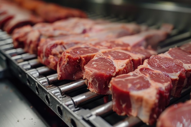 Raw meat cuts on a conveyor belt industrial machinery slices