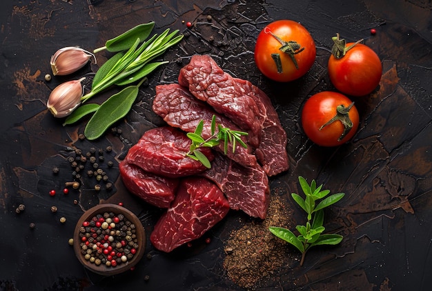 Raw meat Fresh beef and set of vegetables on dark background