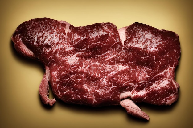 A raw meat is lying on a yellow background