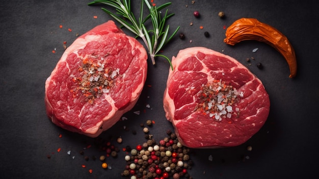 Raw meat steaks on a dark background