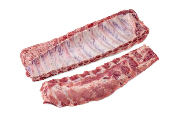 Raw meat Whole raw pork ribs Raw pork meat spare ribs or belly on white background top view