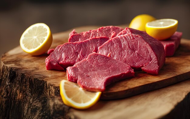 Raw Meat with Lemon on Wooden Board