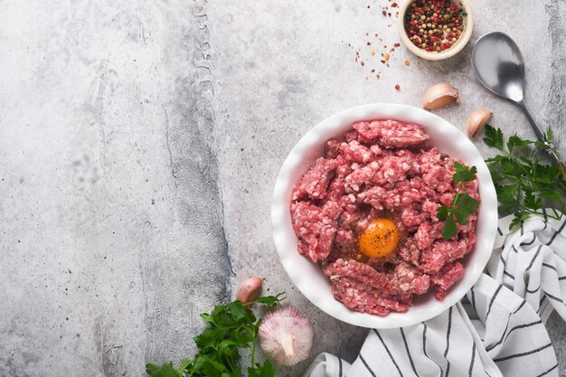 Photo raw minced meat ground meat beef pork or lamb spices herbs and eggs on white plate on light grey concrete background fresh minced meat ready for cooking food cooking background top view