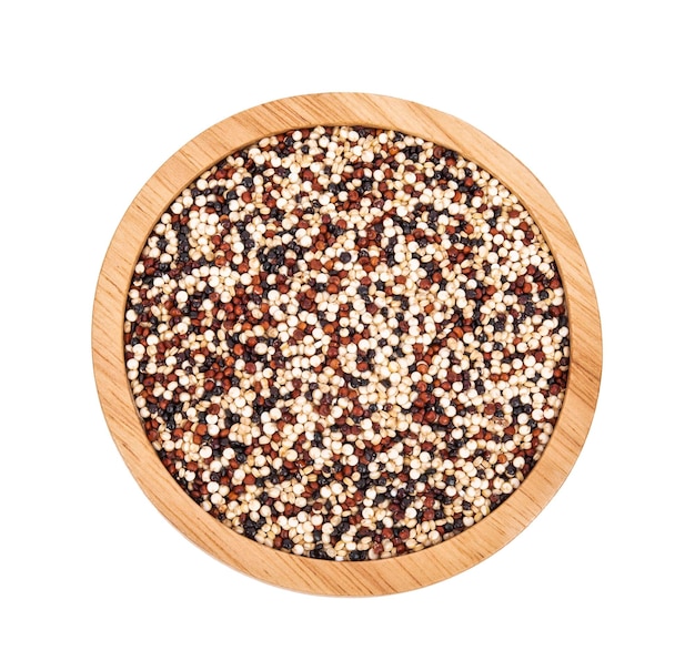 Raw mix quinoa seeds white quinoablack quinoared quinoa in wooden bowl isolated on white background