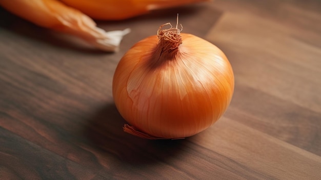 Raw onion on the table Top down view