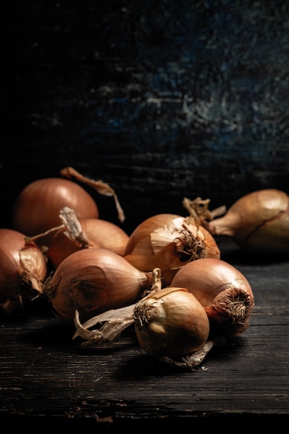 Raw onions lay on a gray table, mint in the background, black background