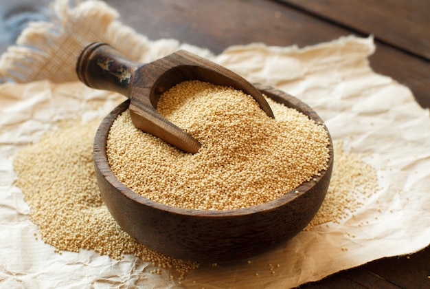 Raw Organic Amaranth grain in a bowl on wooden table