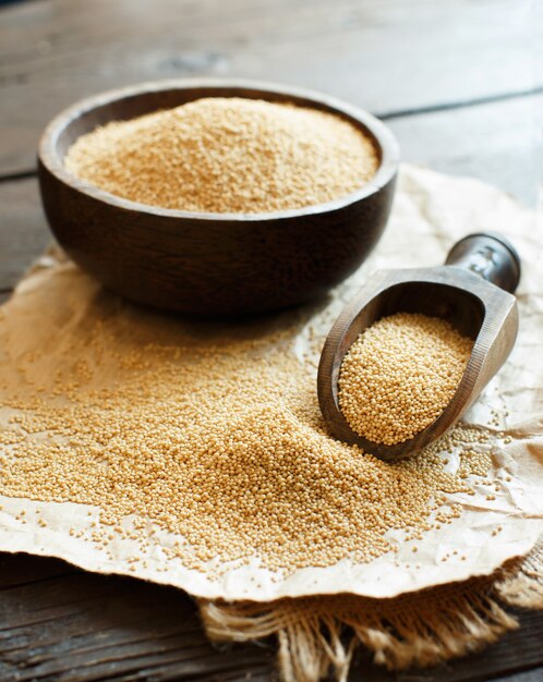 Raw Organic Amaranth grain in a bowl on wooden table