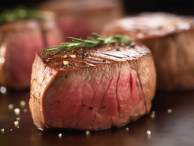 Raw Organic Beef Filet Mignon over a wooden counter on dark background Generative AI