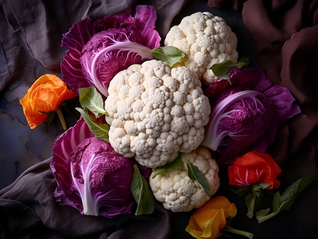 Raw Organic Cauliflower and cabbage heads Ready to Cook Assortment of puple cabbage and white cauliflower with flowers close up Whole raw cauliflower heads on a table AI generated