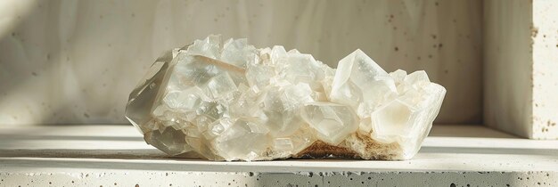 Photo raw piece of stone on a light grey table minimalist style