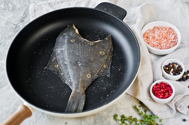 Raw plaice in the pan. 