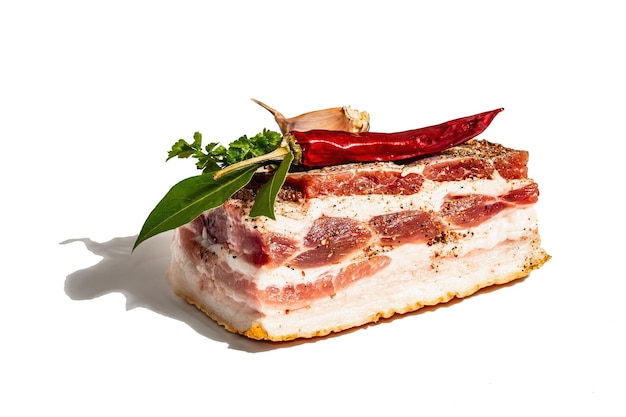 Raw pork belly with rind peritoneum meat isolated on white background