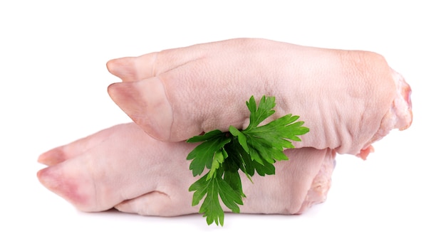 Raw pork hooves isolated on white background fresh pig legs