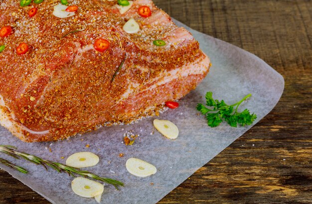 Raw pork loin on ribs with herbs and spice.