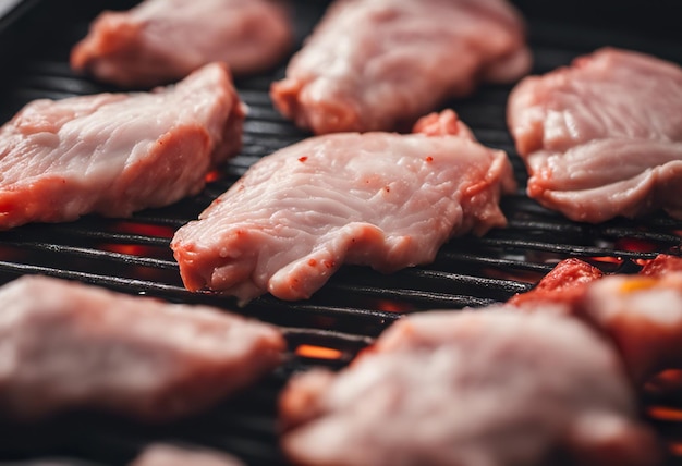 Raw pork ribs being grilled on a barbecue grill