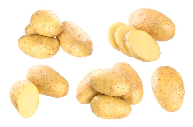 Raw potatoes on a white wooden background