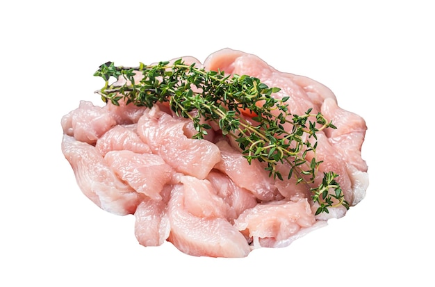 Raw poultry meat slices in a steel tray Isolated white background