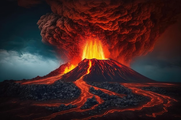 The raw power and energy of a volcano in full eruption its molten lava and ash cascading down the mountainside Generated by AI