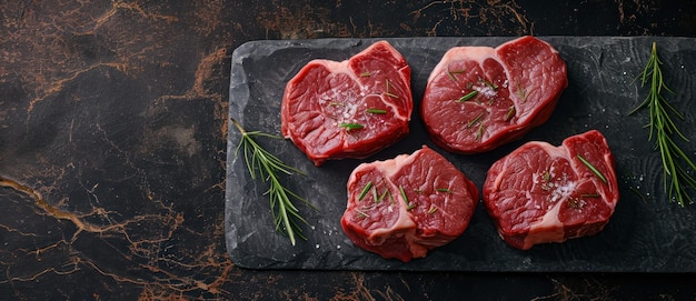 Raw prime beef steaks ready for grilling seasoned with fresh herbs on a dark stone board epitomizing gourmet preparation