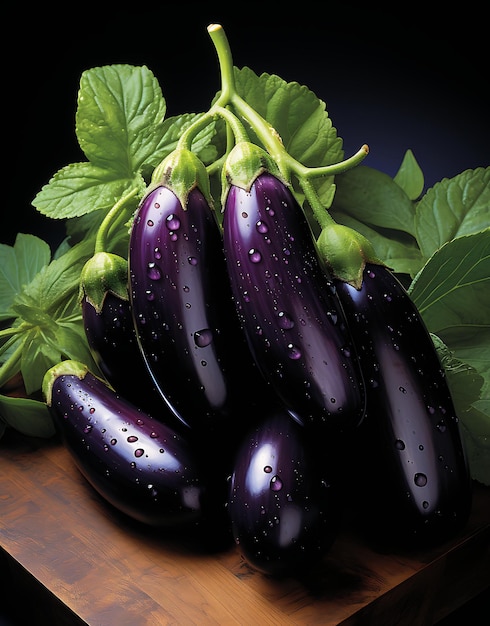 Raw purple eggplants with water drops on a wooden table