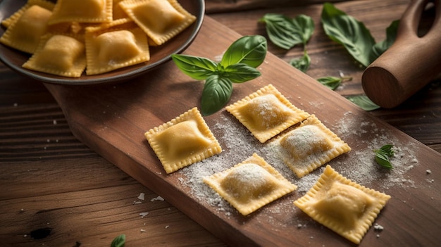 Raw ravioli with basil and flour on wooden table