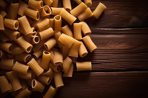 Raw rigatoni pasta on wooden background AI generated