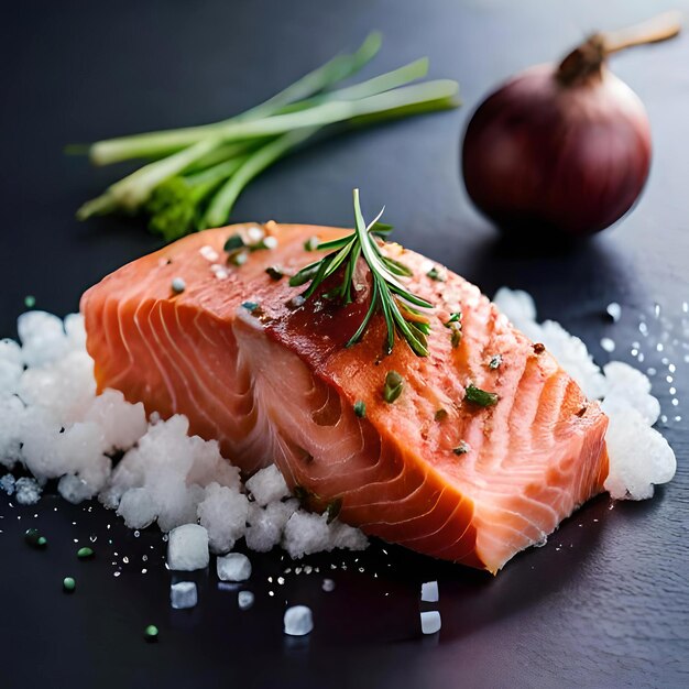 Raw salmon fillet with herbs and spices on a black stone worktop