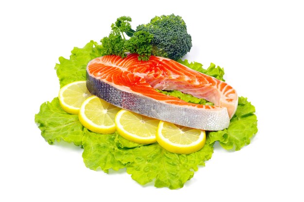 Raw salmon and spices isolated